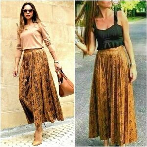 Zara Snakeskin Pleated Midi Skirt Bloggers Favorite Brown Tan Orange Medium